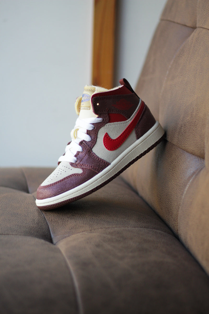 JORDAN 1 MID SE (PS) "COCONUT MILK/VARSITY RED-DARK PONY"